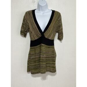 VTG 90s Y2K Babydoll Tunic S Green Pink Black Striped Casual Going Out Top